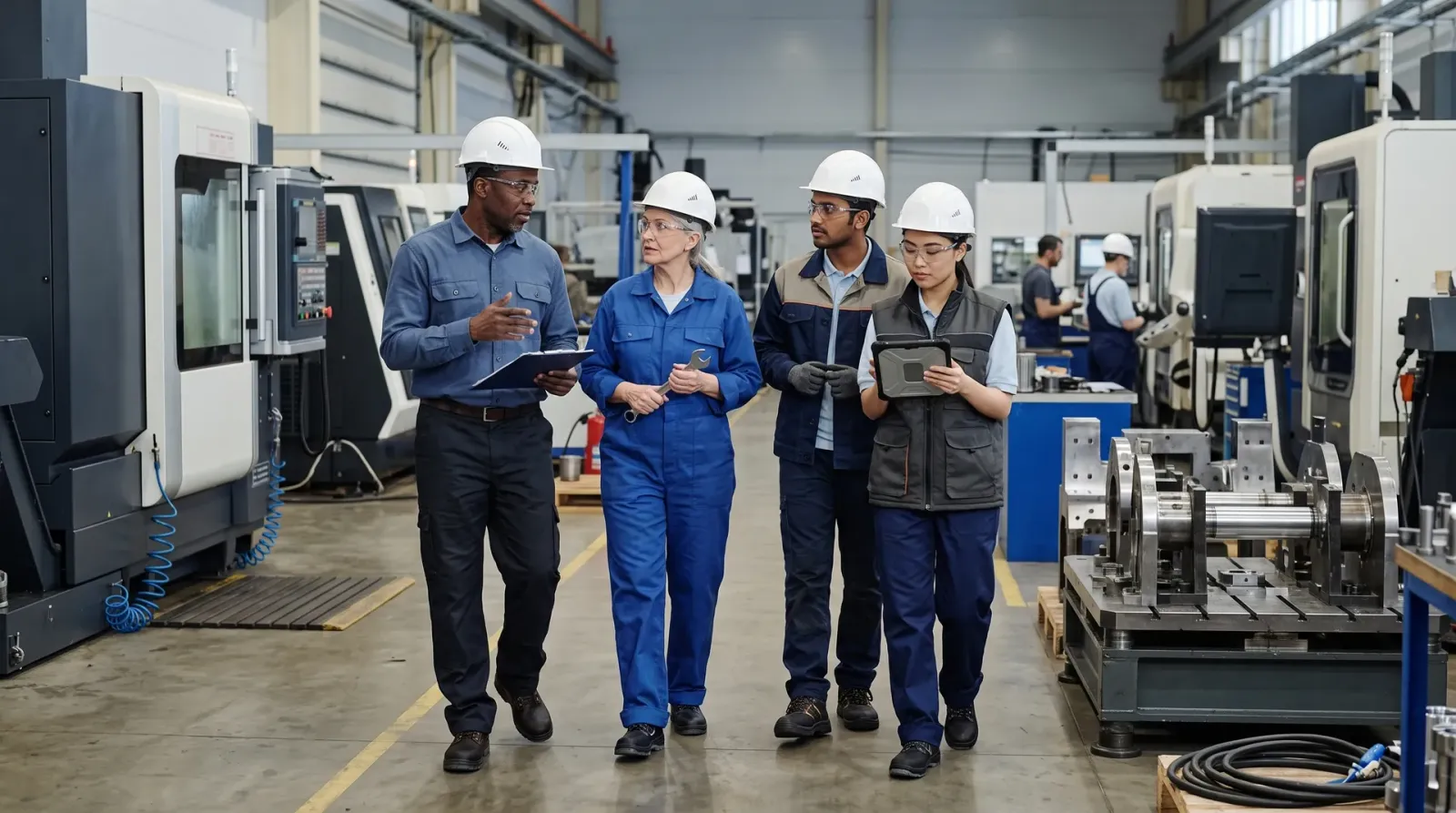 Group of technicians walking together across a production floor
