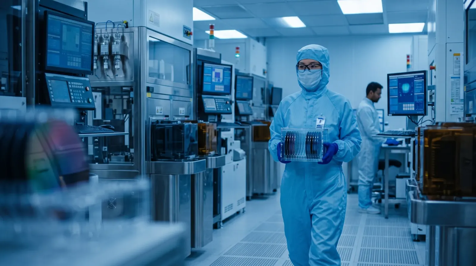 Cleanroom technician carrying a wafer cassette past process tools