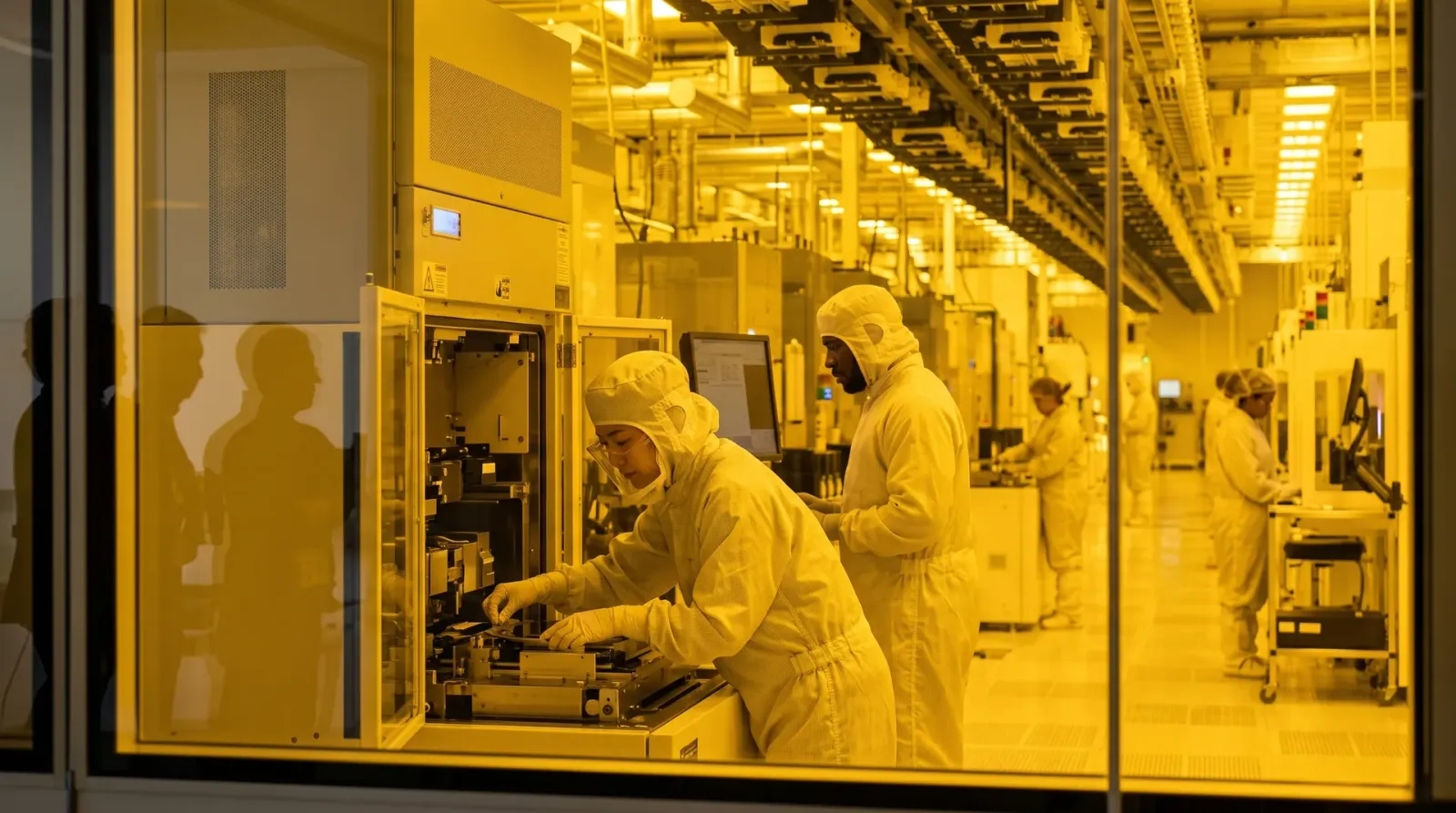 Technicians at work in a yellow-lit cleanroom bay seen through an observation window