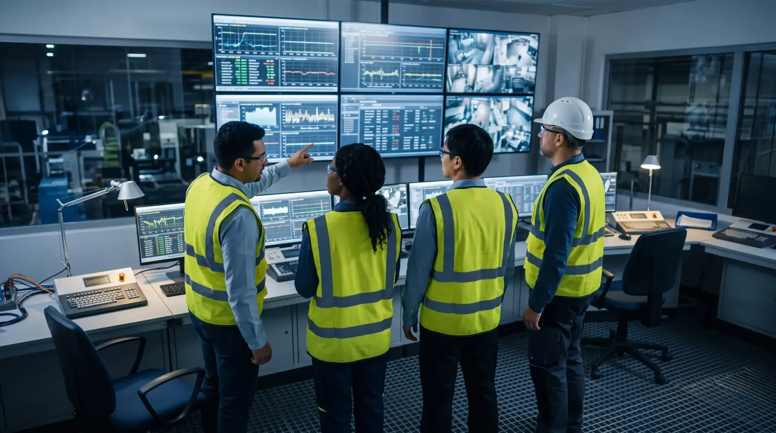 Operations team watching a wall of monitors in a factory control room