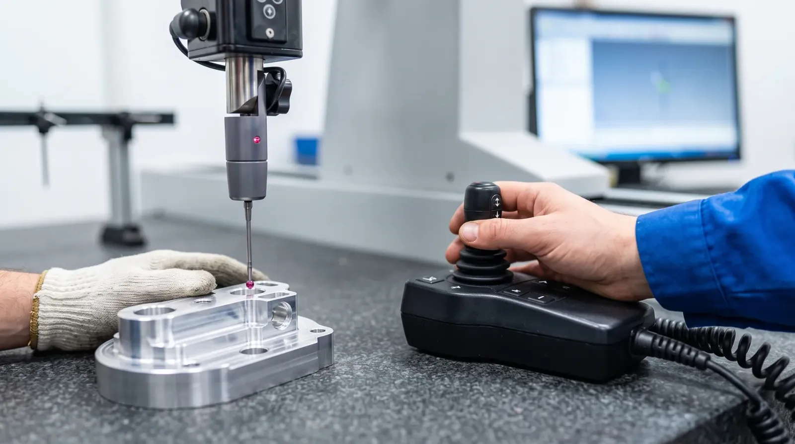 Technician operating a coordinate measuring machine joystick as the probe touches a part