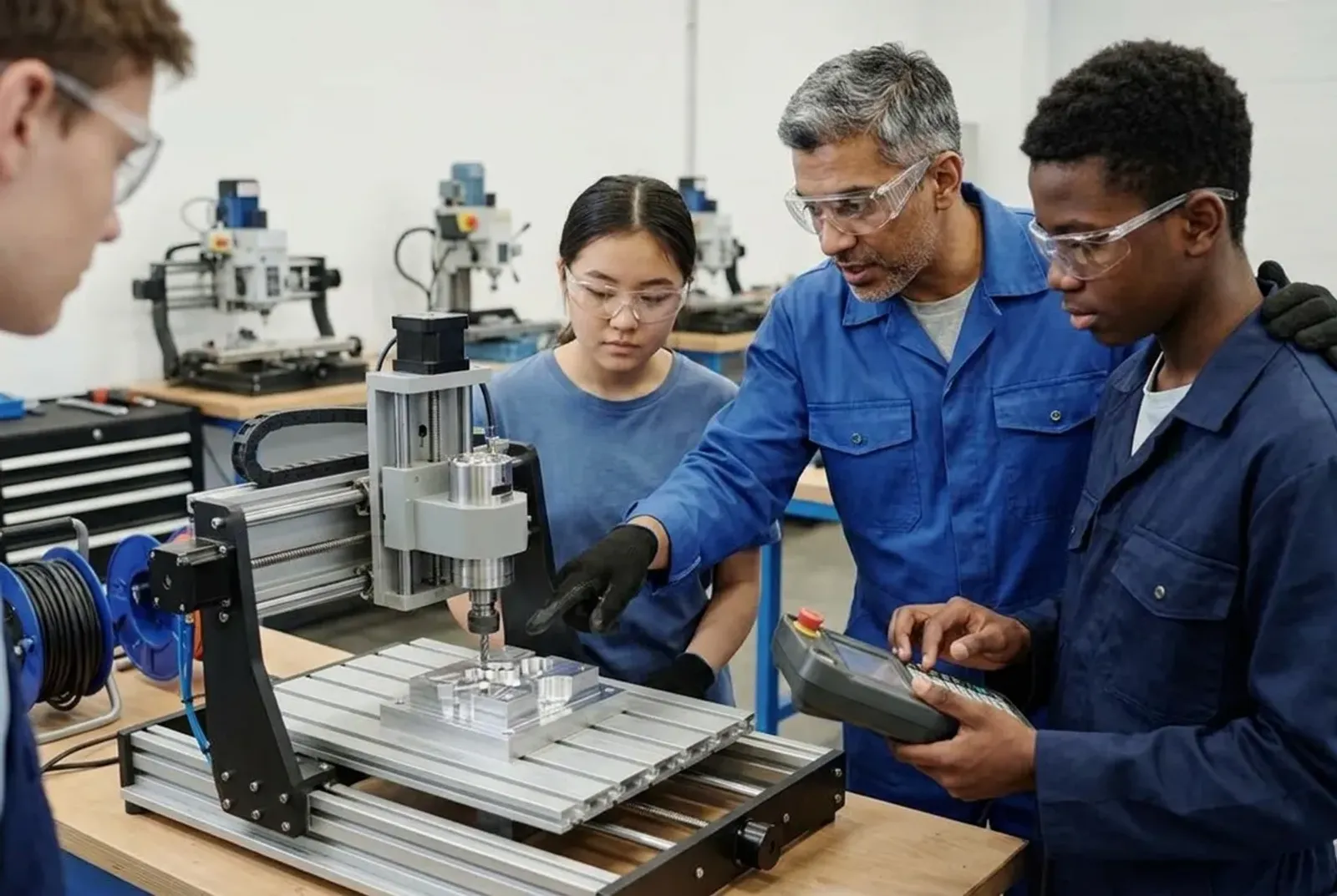 Teacher guiding two students at a small CNC training machine in a school lab