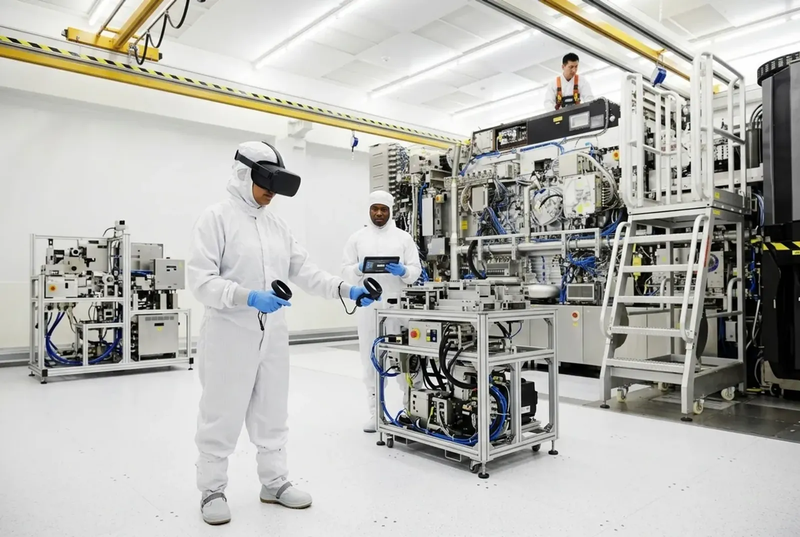 Trainee wearing a VR headset in a training room with industrial equipment